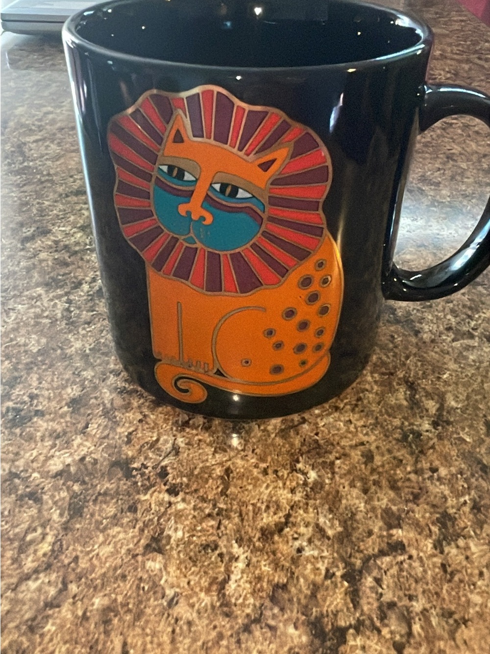 Laurel Burch Black Ceramic Mug with Orange Cat and Multicolor Mane
